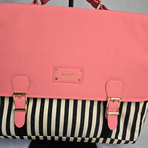 Kamliu Laptop Messenger Bag Pink w/ Black & Off White Stripes 16" x 12" x 2.5" - Picture 2 of 14